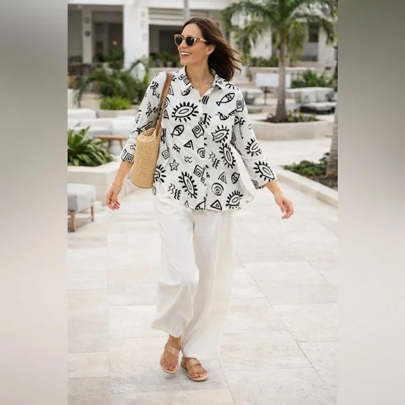 BLU PEPPER Linen Blend Button Up Shirt M Long Sleeve Boho Artsy Resort Vacation - Picture 13 of 13